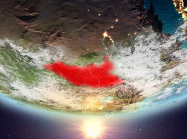 Güney Sudan red Planet Earth bulutlar ile vurgulanmış gündoğumu sırasında. 3D çizim. Nasa tarafından döşenmiş bu görüntü unsurları.