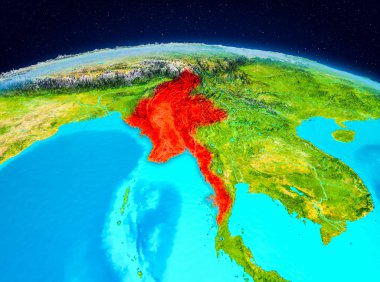 Uydu görüntüsü Myanmar Planet Earth kırmızı vurgulanır. 3D çizim. Nasa tarafından döşenmiş bu görüntü unsurları.