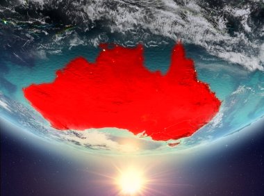 Avustralya red Planet Earth bulutlar ile vurgulanmış gündoğumu sırasında. 3D çizim. Nasa tarafından döşenmiş bu görüntü unsurları.