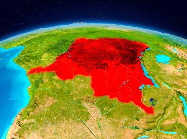 Planet Earth kırmızı vurgulanır Kongo Demokratik Cumhuriyeti uydu görünümü. 3D çizim. Nasa tarafından döşenmiş bu görüntü unsurları.