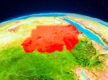 Uydu görüntüsü sudan Planet Earth kırmızı vurgulanır. 3D çizim. Nasa tarafından döşenmiş bu görüntü unsurları.