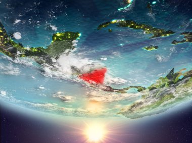 Nikaragua red Planet Earth bulutlar ile vurgulanmış gündoğumu sırasında. 3D çizim. Nasa tarafından döşenmiş bu görüntü unsurları.