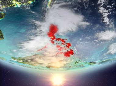 Filipinler red Planet Earth bulutlar ile vurgulanmış gündoğumu sırasında. 3D çizim. Nasa tarafından döşenmiş bu görüntü unsurları.