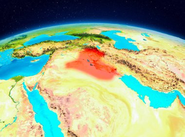 Planet Earth kırmızı vurgulanır Irak'ın uydu görüntüsü. 3D çizim. Nasa tarafından döşenmiş bu görüntü unsurları.
