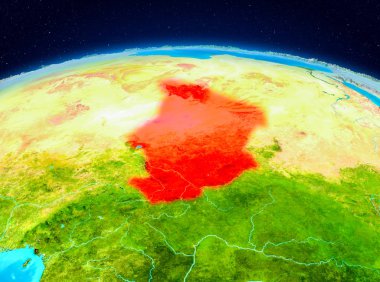 Planet Earth kırmızı vurgulanır Çad'ın uydu görüntüsü. 3D çizim. Nasa tarafından döşenmiş bu görüntü unsurları.