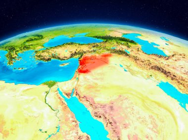 Planet Earth kırmızı vurgulanır Suriye uydu görüntüsü. 3D çizim. Nasa tarafından döşenmiş bu görüntü unsurları.