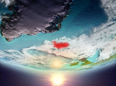 İzlanda red Planet Earth bulutlar ile vurgulanmış gündoğumu sırasında. 3D çizim. Nasa tarafından döşenmiş bu görüntü unsurları.