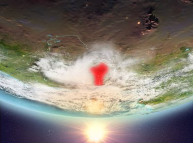 Benin red Planet Earth bulutlar ile vurgulanmış gündoğumu sırasında. 3D çizim. Nasa tarafından döşenmiş bu görüntü unsurları.