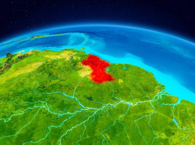 Planet Earth kırmızı vurgulanır Guyana uydu görünümü. 3D çizim. Nasa tarafından döşenmiş bu görüntü unsurları.