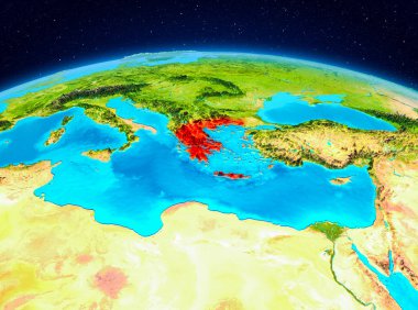 Planet Earth kırmızı vurgulanır Yunanistan uydu görüntüsü. 3D çizim. Nasa tarafından döşenmiş bu görüntü unsurları.
