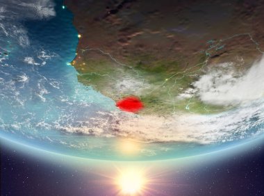 Sierra Leone red Planet Earth bulutlar ile vurgulanmış gündoğumu sırasında. 3D çizim. Nasa tarafından döşenmiş bu görüntü unsurları.