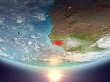 Gine-Bissau red Planet Earth bulutlar ile vurgulanmış gündoğumu sırasında. 3D çizim. Nasa tarafından döşenmiş bu görüntü unsurları.