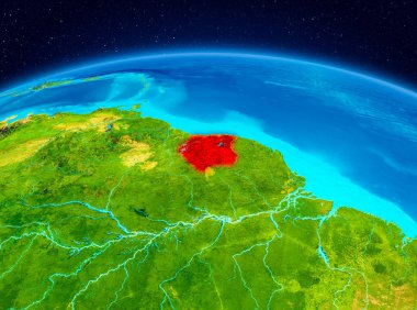 Uydu Görünümü Surinam Planet Earth kırmızı vurgulanır. 3D çizim. Nasa tarafından döşenmiş bu görüntü unsurları.