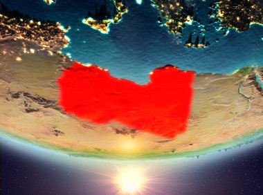 Libya red Planet Earth bulutlar ile vurgulanmış gündoğumu sırasında. 3D çizim. Nasa tarafından döşenmiş bu görüntü unsurları.