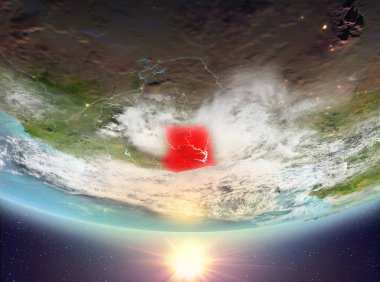 Gana red Planet Earth bulutlar ile vurgulanmış gündoğumu sırasında. 3D çizim. Nasa tarafından döşenmiş bu görüntü unsurları.