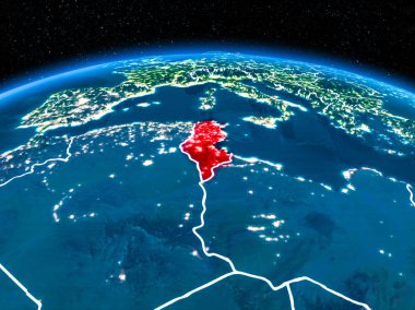 Yörünge görünümü Tunus kırmızı görünür sınır çizgileri ve şehir ışıkları Planet Earth geceleri altını çizdi. 3D çizim. Nasa tarafından döşenmiş bu görüntü unsurları.