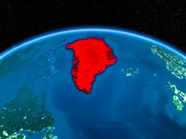 Yörünge görünümü Grönland kırmızı görünür sınır çizgileri ve şehir ışıkları Planet Earth geceleri altını çizdi. 3D çizim. Nasa tarafından döşenmiş bu görüntü unsurları.