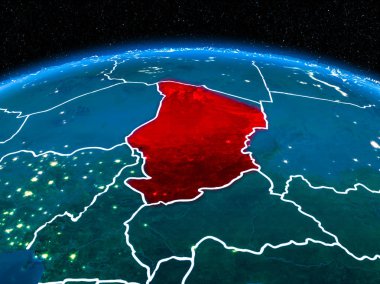 Yörünge görünümü Çad'ın kırmızı görünür sınır çizgileri ve şehir ışıkları Planet Earth geceleri altını çizdi. 3D çizim. Nasa tarafından döşenmiş bu görüntü unsurları.