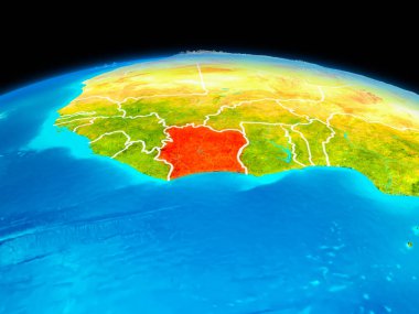 Uydu Görünümü Fildişi Sahili Planet Earth sınır çizgileri ile kırmızı vurgulanır. 3D çizim. Nasa tarafından döşenmiş bu görüntü unsurları.