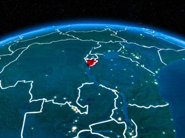 Burundi görünümünü yörünge kırmızı görünür sınır çizgileri ve şehir ışıkları Planet Earth geceleri altını çizdi. 3D çizim. Nasa tarafından döşenmiş bu görüntü unsurları.