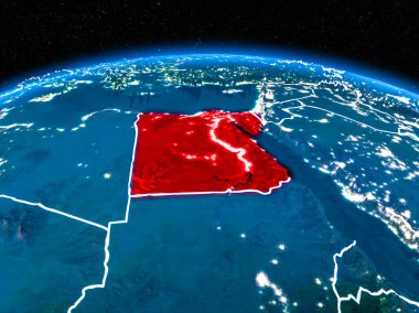Yörünge görünümü Mısır kırmızı görünür sınır çizgileri ve şehir ışıkları Planet Earth geceleri altını çizdi. 3D çizim. Nasa tarafından döşenmiş bu görüntü unsurları.