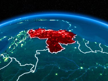 Yörünge görünümü Venezuela kırmızı görünür sınır çizgileri ve şehir ışıkları Planet Earth geceleri altını çizdi. 3D çizim. Nasa tarafından döşenmiş bu görüntü unsurları.