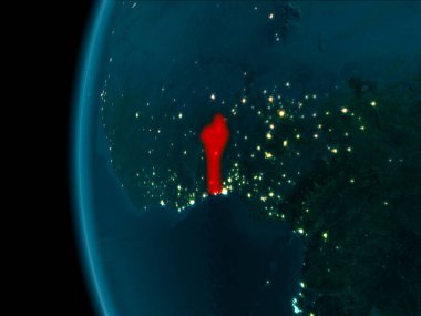 Benin son derece detaylı yüzey dokuları ile gece Dünya gezegeninin yörüngeden. 3D çizim. Nasa tarafından döşenmiş bu görüntü unsurları.