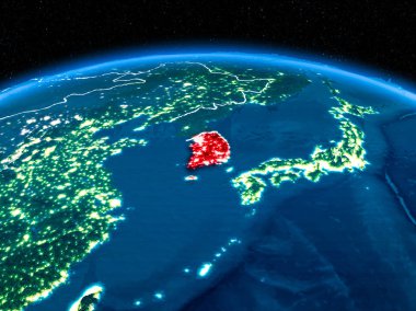 Yörünge görünümü Güney Kore kırmızı görünür sınır çizgileri ve şehir ışıkları Planet Earth geceleri altını çizdi. 3D çizim. Nasa tarafından döşenmiş bu görüntü unsurları.