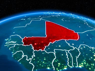 Mali görünümünü yörünge kırmızı görünür sınır çizgileri ve şehir ışıkları Planet Earth geceleri altını çizdi. 3D çizim. Nasa tarafından döşenmiş bu görüntü unsurları.