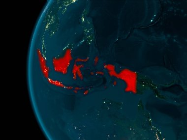 Endonezya son derece detaylı yüzey dokuları ile gece Dünya gezegeninin yörüngeden. 3D çizim. Nasa tarafından döşenmiş bu görüntü unsurları.