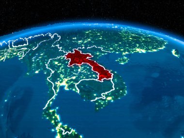 Yörünge görünümü Laos kırmızı görünür sınır çizgileri ve şehir ışıkları Planet Earth geceleri altını çizdi. 3D çizim. Nasa tarafından döşenmiş bu görüntü unsurları.