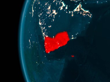 Yemen çok detaylı yüzey dokuları ile gece Dünya gezegeninin yörüngeden. 3D çizim. Nasa tarafından döşenmiş bu görüntü unsurları.