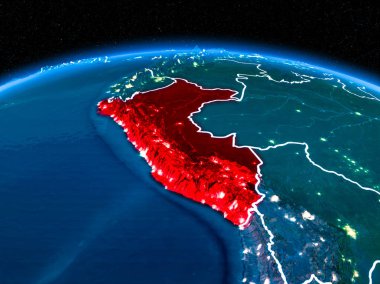 Yörünge görünümü Peru kırmızı görünür sınır çizgileri ve şehir ışıkları Planet Earth geceleri altını çizdi. 3D çizim. Nasa tarafından döşenmiş bu görüntü unsurları.