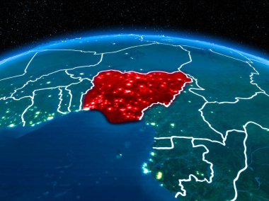 Yörünge görünümü Nijerya kırmızı görünür sınır çizgileri ve şehir ışıkları Planet Earth geceleri altını çizdi. 3D çizim. Nasa tarafından döşenmiş bu görüntü unsurları.