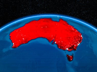 Yörünge görünümü Avustralya kırmızı görünür sınır çizgileri ve şehir ışıkları Planet Earth geceleri altını çizdi. 3D çizim. Nasa tarafından döşenmiş bu görüntü unsurları.