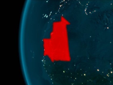 Moritanya son derece detaylı yüzey dokuları ile gece Dünya gezegeninin yörüngeden. 3D çizim. Nasa tarafından döşenmiş bu görüntü unsurları.
