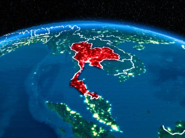 Yörünge görünümü Tayland kırmızı görünür sınır çizgileri ve şehir ışıkları Planet Earth geceleri altını çizdi. 3D çizim. Nasa tarafından döşenmiş bu görüntü unsurları.