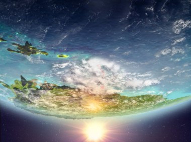 Karayipler red Planet Earth bulutlar ile vurgulanmış gündoğumu sırasında. 3D çizim. Nasa tarafından döşenmiş bu görüntü unsurları.
