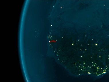 Gambiya son derece detaylı yüzey dokuları ile gece Dünya gezegeninin yörüngeden. 3D çizim. Nasa tarafından döşenmiş bu görüntü unsurları.