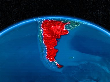Yörünge görünümü Arjantin kırmızı görünür sınır çizgileri ve şehir ışıkları Planet Earth geceleri altını çizdi. 3D çizim. Nasa tarafından döşenmiş bu görüntü unsurları.