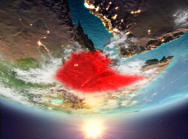 Etiyopya red Planet Earth bulutlar ile vurgulanmış gündoğumu sırasında. 3D çizim. Nasa tarafından döşenmiş bu görüntü unsurları.