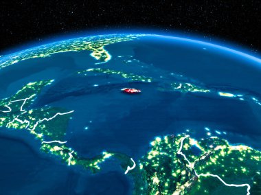 Yörünge görünümü Jamaika kırmızı görünür sınır çizgileri ve şehir ışıkları Planet Earth geceleri altını çizdi. 3D çizim. Nasa tarafından döşenmiş bu görüntü unsurları.