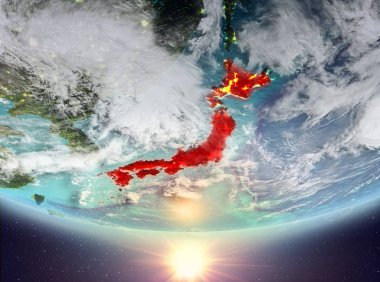 Planet Earth bulutlar ile kırmızı vurgulanır gündoğumu sırasında Japonya. 3D çizim. Nasa tarafından döşenmiş bu görüntü unsurları.
