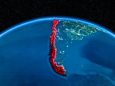 Yörünge görünümü Şili kırmızı görünür sınır çizgileri ve şehir ışıkları Planet Earth geceleri altını çizdi. 3D çizim. Nasa tarafından döşenmiş bu görüntü unsurları.
