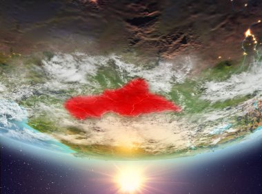 Orta Afrika Planet Earth bulutlar ile kırmızı vurgulanır gündoğumu sırasında. 3D çizim. Nasa tarafından döşenmiş bu görüntü unsurları.