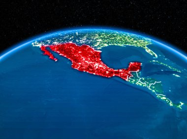 Yörünge görünümü Meksika kırmızı görünür sınır çizgileri ve şehir ışıkları Planet Earth geceleri altını çizdi. 3D çizim. Nasa tarafından döşenmiş bu görüntü unsurları.