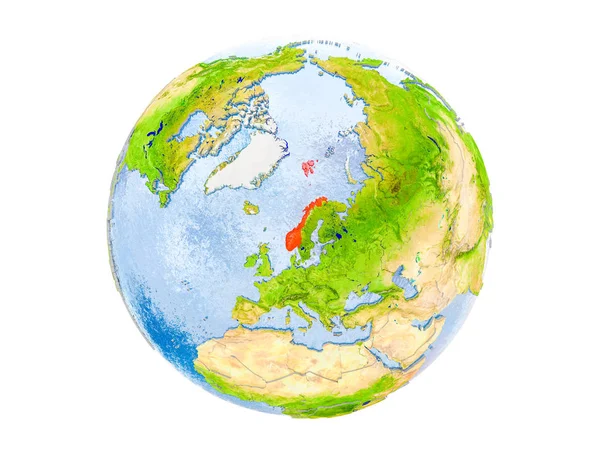 Норвегия Выделена Красным Цветом Модели Земли Иллюстрация Выделена Белом Фоне — стоковое фото