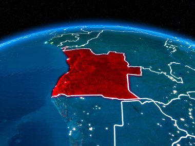 Yörünge görünümü Angola kırmızı görünür sınır çizgileri ve şehir ışıkları Planet Earth geceleri altını çizdi. 3D çizim. Nasa tarafından döşenmiş bu görüntü unsurları.