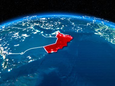 Yörünge görünümü Umman kırmızı görünür sınır çizgileri ve şehir ışıkları Planet Earth geceleri altını çizdi. 3D çizim. Nasa tarafından döşenmiş bu görüntü unsurları.