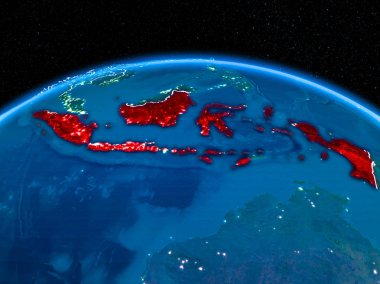 Yörünge görünümü Endonezya'nın kırmızı görünür sınır çizgileri ve şehir ışıkları Planet Earth geceleri altını çizdi. 3D çizim. Nasa tarafından döşenmiş bu görüntü unsurları.